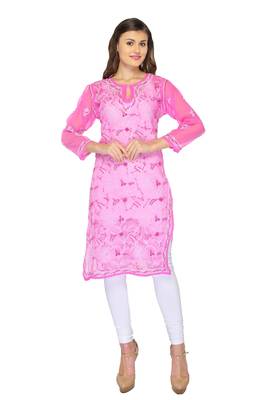 Pink embroidered georgette stitched kurti 1