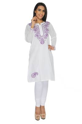 White embroidered cotton stitched kurti 1