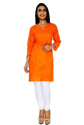 Orange embroidered cotton stitched kurti 1