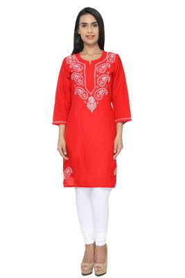 Red embroidered cotton stitched kurti 1