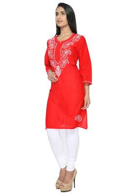 Red embroidered cotton stitched kurti 2