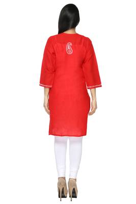 Red embroidered cotton stitched kurti 3