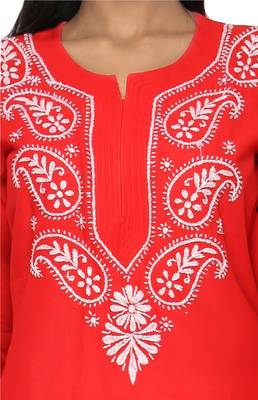 Red embroidered cotton stitched kurti 4