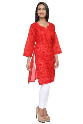 Red embroidered cotton stitched kurti 1