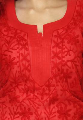 Red embroidered cotton stitched kurti 3