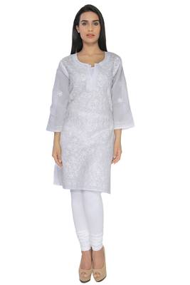 White embroidered cotton stitched kurti 1