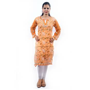 Orange embroidered georgette stitched kurti 1