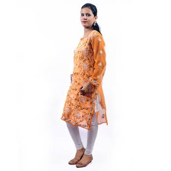 Orange embroidered georgette stitched kurti 2