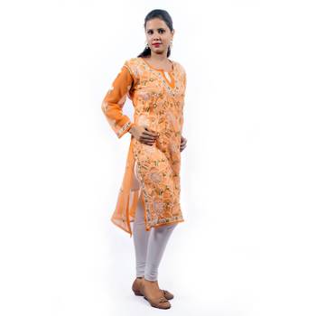 Orange embroidered georgette stitched kurti 3