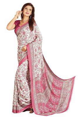White printed crepe saree with blouse 1