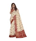 White woven art dupion silk saree with blouse