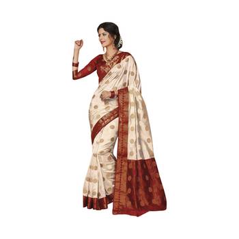 White woven art dupion silk saree with blouse 1