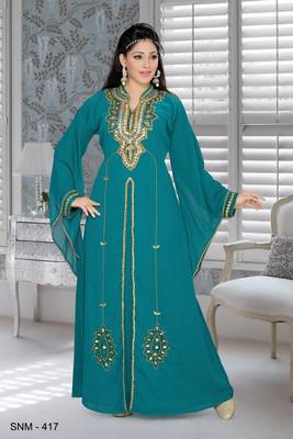Green Embroidered Faux Georgette Islamic Kaftans 1