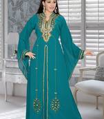 Green Embroidered Faux Georgette Islamic Kaftans