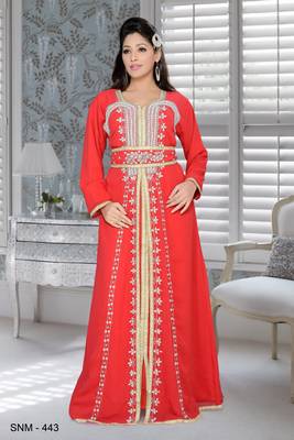 Red Embroidered Faux Georgette Islamic Kaftans 1