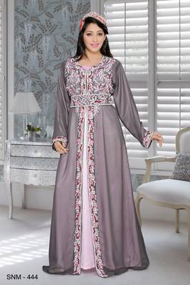 Grey And Baby Pink Satin Embroidered Faux Georgette Islamic Kaftans 1