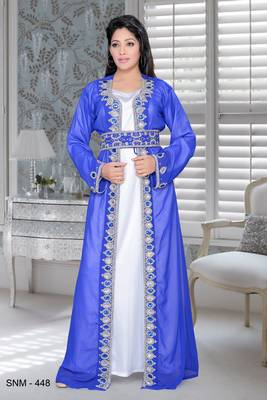 Royal Blue And White Satin Embroidered Faux Georgette Islamic Kaftans 1