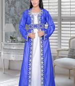 Royal Blue And White Satin Embroidered Faux Georgette Islamic Kaftans