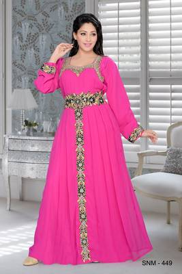 Fuchsia Pink Embroidered Faux Georgette Islamic Kaftans 1