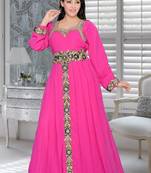 Fuchsia Pink Embroidered Faux Georgette Islamic Kaftans