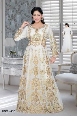 Off White Embroidered Faux Georgette Islamic Kaftans 1