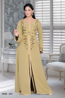 Beige And Brown Satin Embroidered Faux Georgette Islamic Kaftans 1