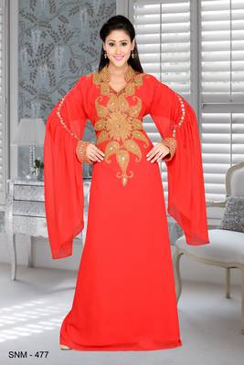 Red Embroidered Faux Georgette Islamic Kaftans 1