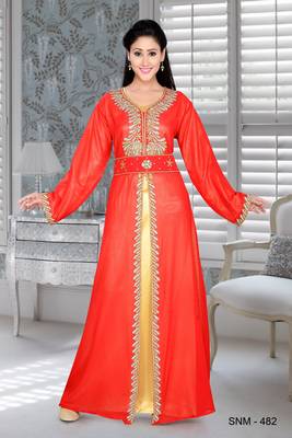 Red And Golden Satin Embroidered Faux Georgette Islamic Kaftans 1