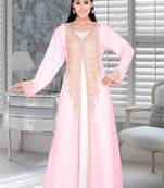 Baby Pink Embroidered Faux Georgette Islamic Kaftans