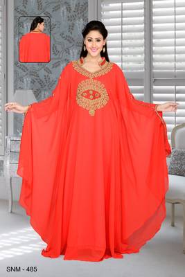 Red Embroidered Faux Georgette Farasha Kaftan 1
