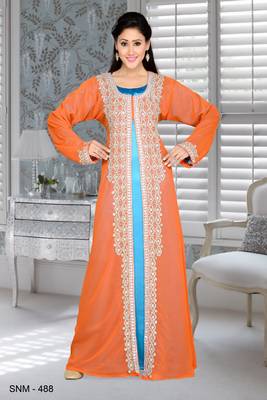 Orange And Turquoise Blue Satin Embroidered Faux Georgette Islamic Kaftans 1