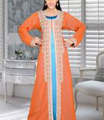 Orange And Turquoise Blue Satin Embroidered Faux Georgette Islamic Kaftans