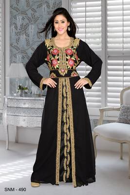 Black Embroidered Faux Georgette Islamic Kaftans 1