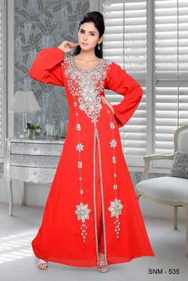 Red Embroidered Faux Georgette Islamic Kaftans 1