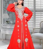 Red Embroidered Faux Georgette Islamic Kaftans