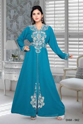 Turquoise Blue Embroidered Faux Georgette Islamic Kaftans 1