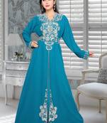 Turquoise Blue Embroidered Faux Georgette Islamic Kaftans