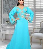 Blue Embroidered Faux Georgette Islamic Kaftans