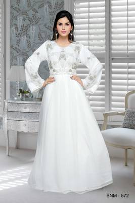 White Embroidered Faux Georgette Islamic Kaftans 1