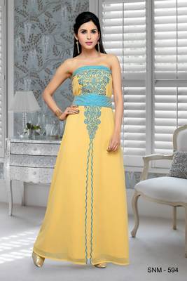 Beige Embroidered Faux Georgette Fustan 1