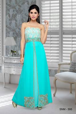 Sea Green Embroidered Faux Georgette Fustan 1