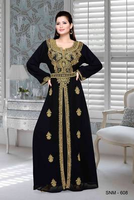 Black Embroidered Faux Georgette Islamic Kaftan 1