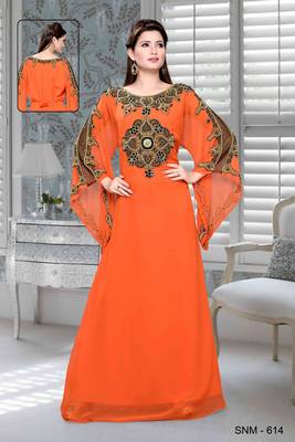 Orange Embroidered Faux Georgette Islamic Kaftan 1