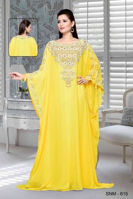 Yellow Embroidered Faux Georgette Farasha Kaftan 1