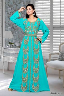 Turquoise Blue Embroidered Faux Georgette Islamic Kaftan 1