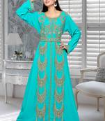 Turquoise Blue Embroidered Faux Georgette Islamic Kaftan