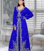 Royal Blue Embroidered Faux Georgette Islamic Kaftan