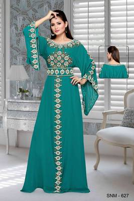 Teal Green Embroidered Faux Georgette Islamic Kaftan 1