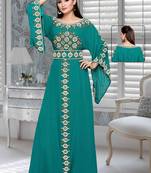 Teal Green Embroidered Faux Georgette Islamic Kaftan
