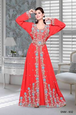 Coral Embroidered Faux Georgette Islamic Kaftan 1